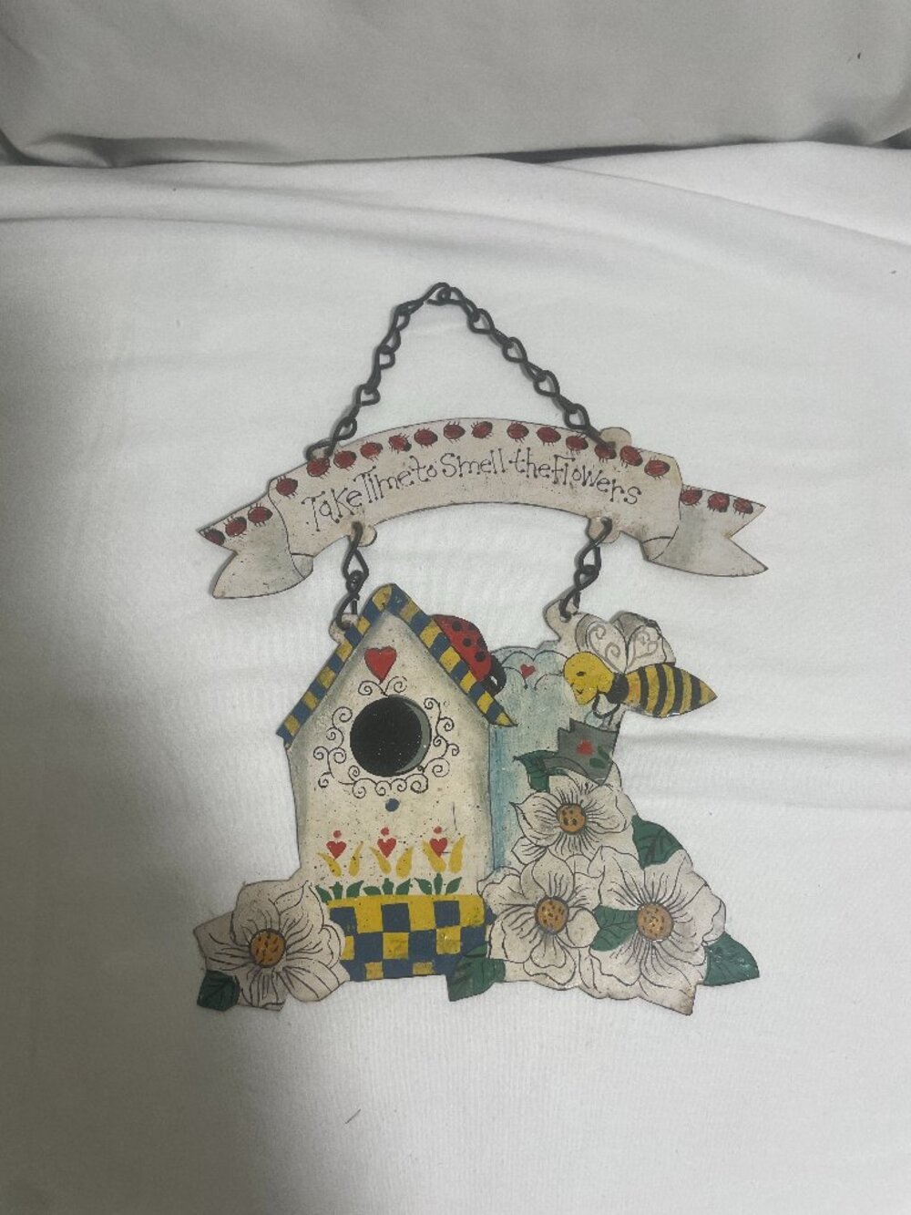 Country Cottage Metal Birdhouse Wall Hanging Bee Flowers Ladybug Garden Decor